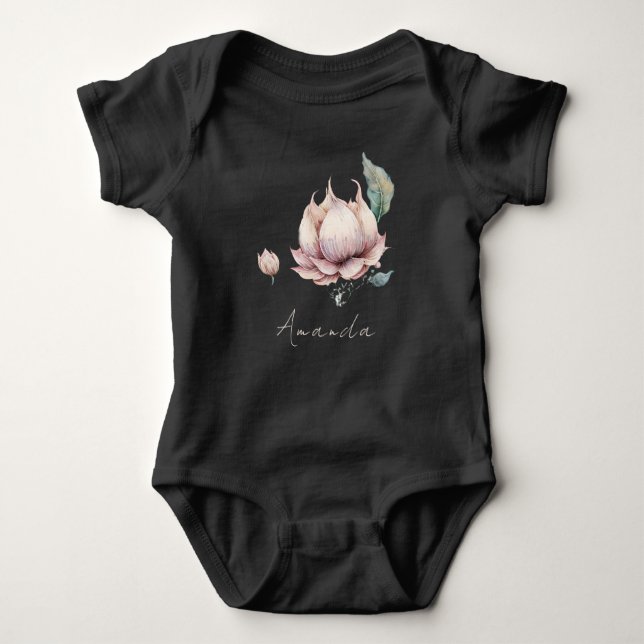 Monogram Baby Name Earthy Boho Pretty Lotus Flower Bodysuit (Front)