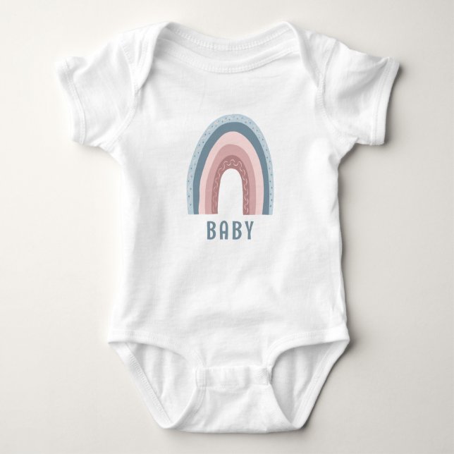 Monogram Baby Name Earthy Boho Rainbow Blue Pink Baby Bodysuit (Front)