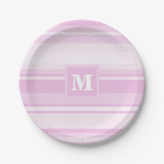 Monogram baby pink stripes paper plates (Front)