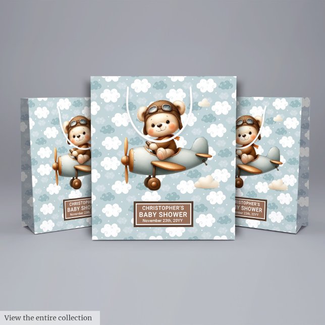 Monogram Baby Shower Gift Bag With Pilot Bear Art (Personalized Baby Boy Shower Bag With Bear Pilot)