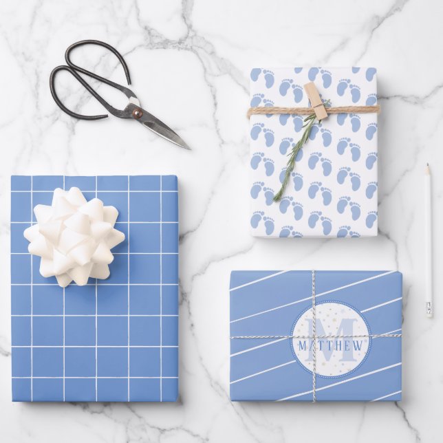Monogram Baby Shower Newborn Baby Footprint Wrapping Paper Sheets (Front)