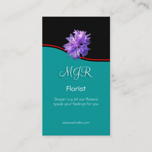 Monogram, Bachelors Button Florist, red swoosh Business Card (Front)