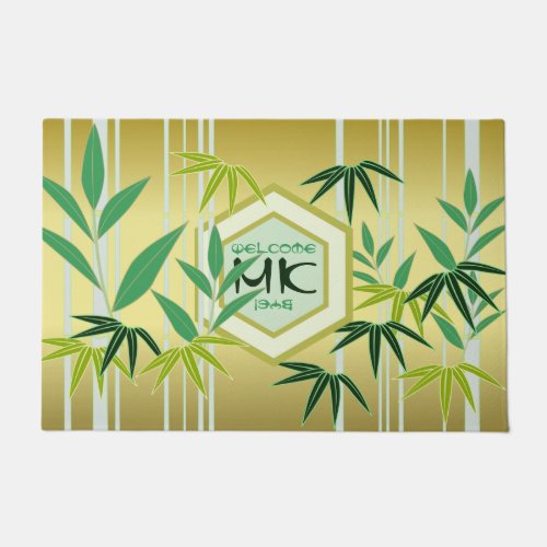 Monogram Bamboo Green Gold Hexagon Oriental Doormat