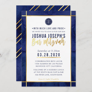MONOGRAM BAR MITZVAH dark blue watercolor gold Invitation