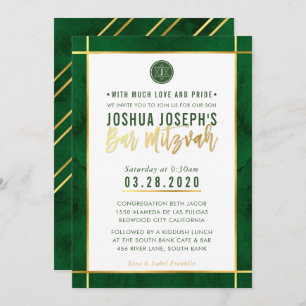 MONOGRAM BAR MITZVAH forrest green gold stripe Invitation