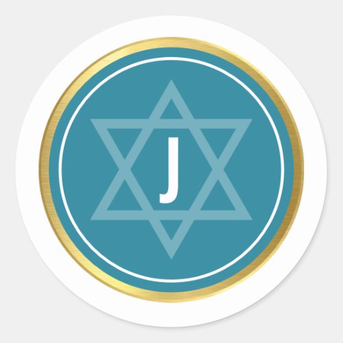 MONOGRAM BAR MITZVAH modern teal blue gold Classic Round Sticker