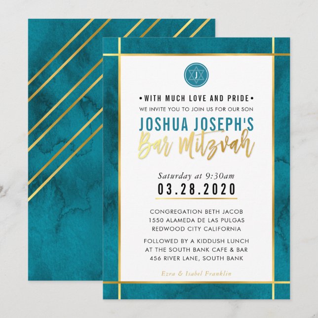 MONOGRAM BAR MITZVAH teal blue gold stripe Invitation (Front/Back)