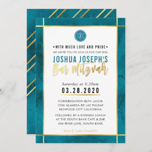 MONOGRAM BAR MITZVAH teal blue gold stripe Invitation