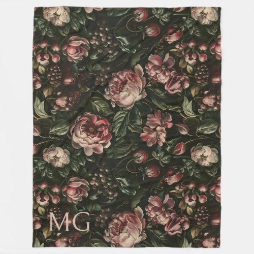 Monogram Baroque Dark Purple Floral Pattern Fleece Blanket