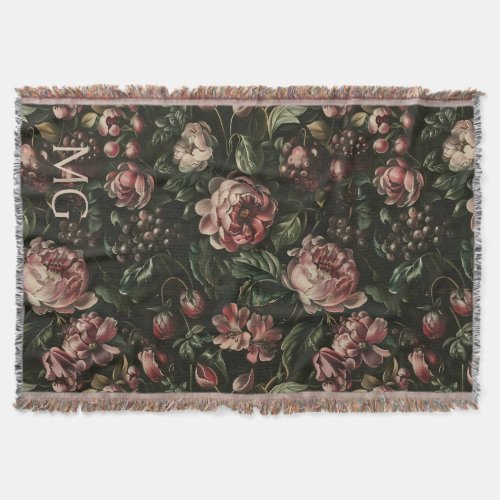 Monogram Baroque Dark Purple Floral Pattern Throw Blanket