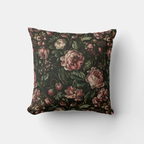 Monogram Baroque Dark Purple Floral Pattern Throw Pillow