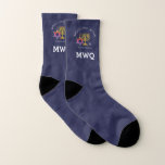 Monogram | BARUCH ATAH ADONAI | Hanukkah Socks<br><div class="desc">Stylish, mid blue HANUKKAH Socks, designed with a menorah, dreidel and Star of David. Curved text at the top says BARUCH ATAH ADONAI (Blessed are You, O God) and beneath says HAPPY HANUKKAH. There is a customizable TRIPLE MONOGRAM, which you can PERSONALIZE with your own initials. The design is repeated...</div>