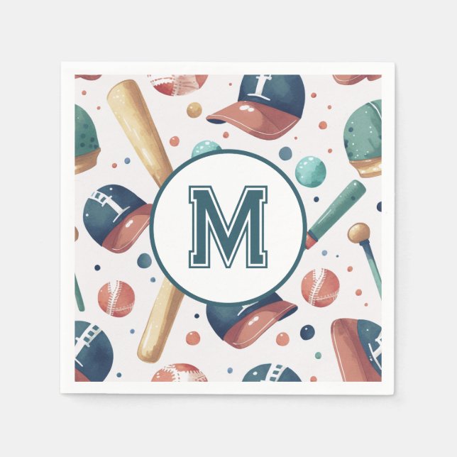 Monogram Baseball Theme Pattern Personalized Napkins (Front)