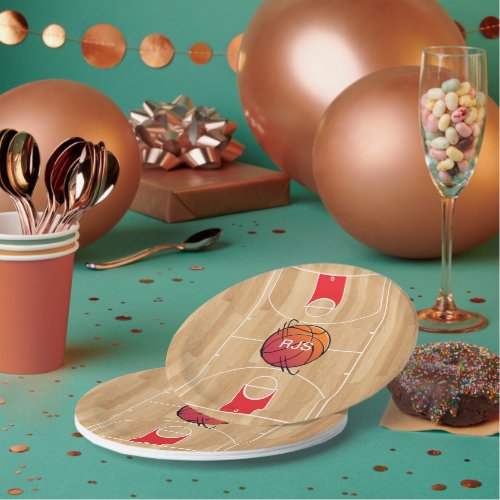 Monogram Basketball on basketball court Paper Plates