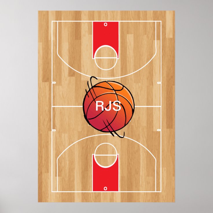 Monogram Basketball on basketball court Poster Zazzle