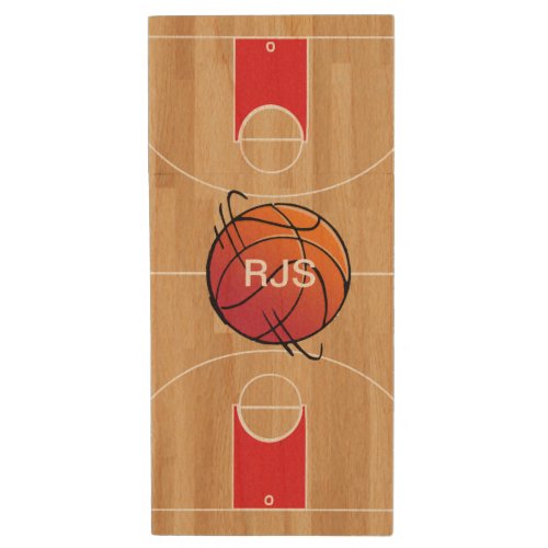 Monogram Basketball on basketball court Wood Flash Drive