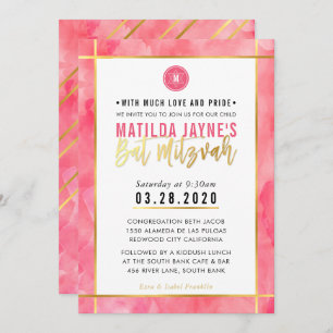 MONOGRAM BAT MITZVAH coral pink gold stripe Invitation