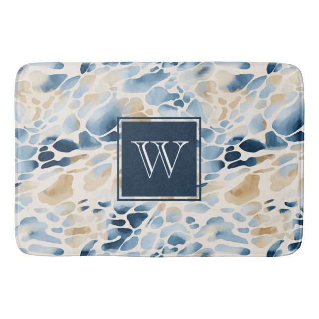 Monogram Beach Blue and Tan Wave Pattern Bath Mat (Front)