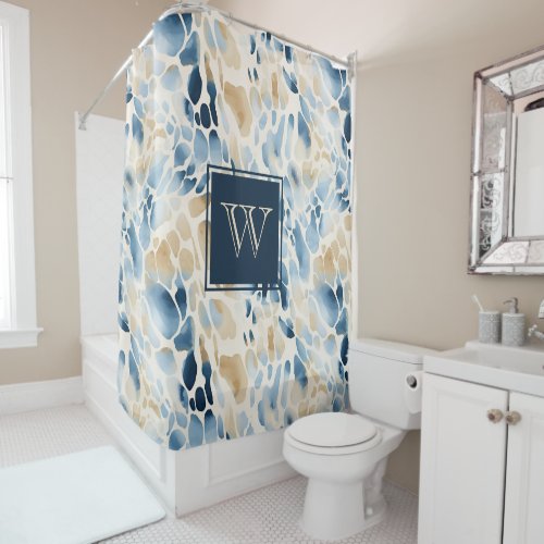 Monogram Beach Blue and Tan Wave Pattern Shower Curtain