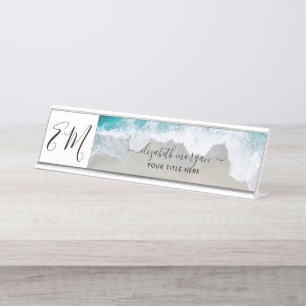 Monogram Beach Blue Green Elegant Professional Desk Name Plate