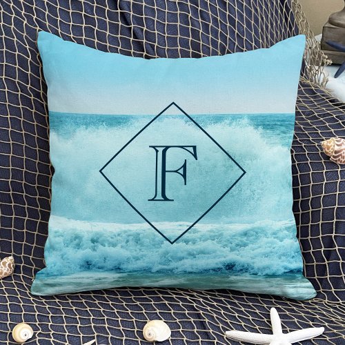 Monogram Beach Blue White Ocean Waves Crashing Throw Pillow