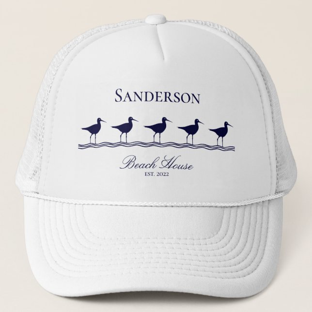 Monogram Beach house navy blue Sandpipers baseball Trucker Hat (Front)