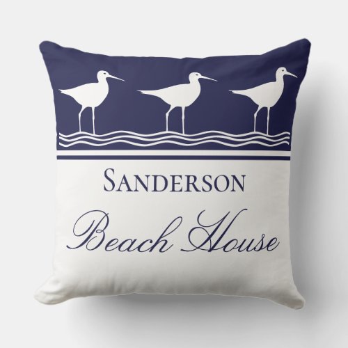 Monogram Beach house navy blue Sandpipers Outdoor Pillow