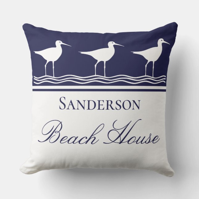Monogram Beach house navy blue Sandpipers Outdoor Pillow (Front)