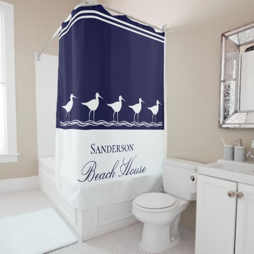 Monogram Beach house navy blue Sandpipers  Shower Curtain