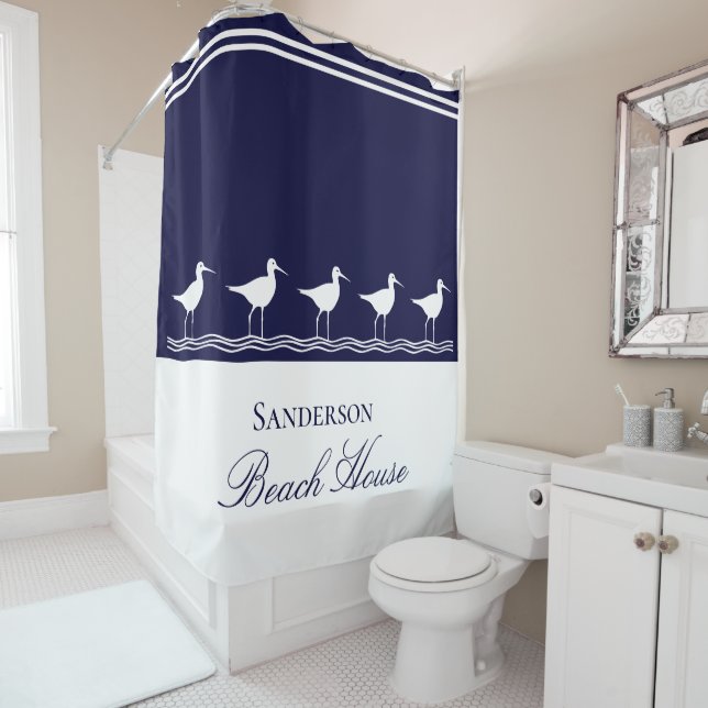 Monogram Beach house navy blue Sandpipers  Shower Curtain (In Situ)