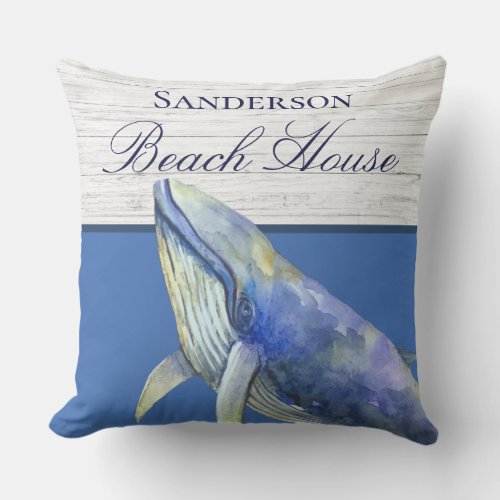 Monogram Beach House  navy blue whale watercolor Outdoor Pillow