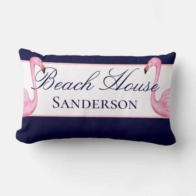 Monogram Beach House Pink Flamingos navy blue Lumbar Pillow (Front)