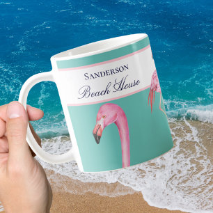 Monogram Beach House Teal Flamingos navy blue   Coffee Mug