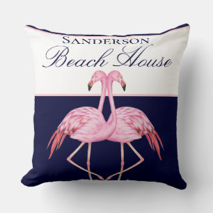 Monogram Beach House Teal Flamingos navy blue Thr Throw Pillow