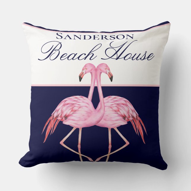 Monogram Beach House Teal Flamingos navy blue  Thr Throw Pillow (Front)