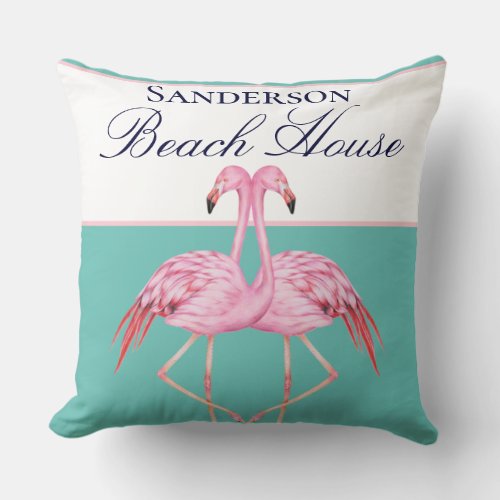 Monogram Beach House Teal Flamingos navy blue  Throw Pillow