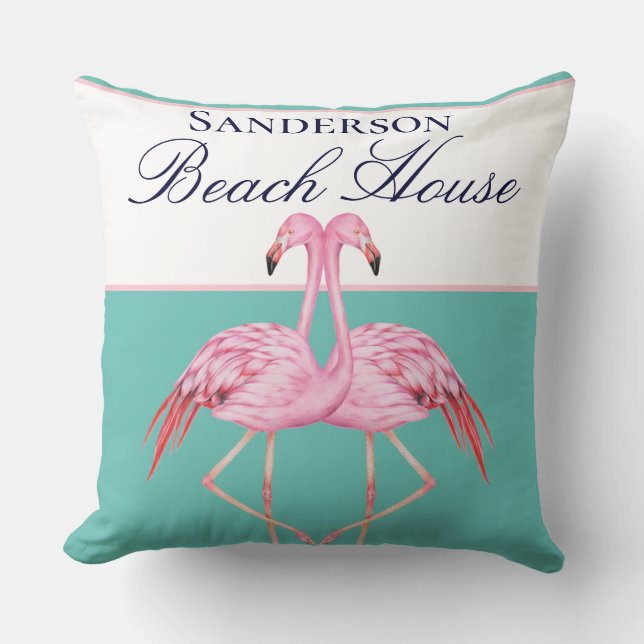 Monogram Beach House Teal Flamingos navy blue  Throw Pillow (Front)