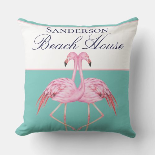 Monogram Beach house Teal navy blue Flamingos Outdoor Pillow