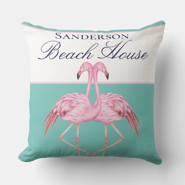 Monogram Beach house Teal navy blue Flamingos Outdoor Pillow (Front)