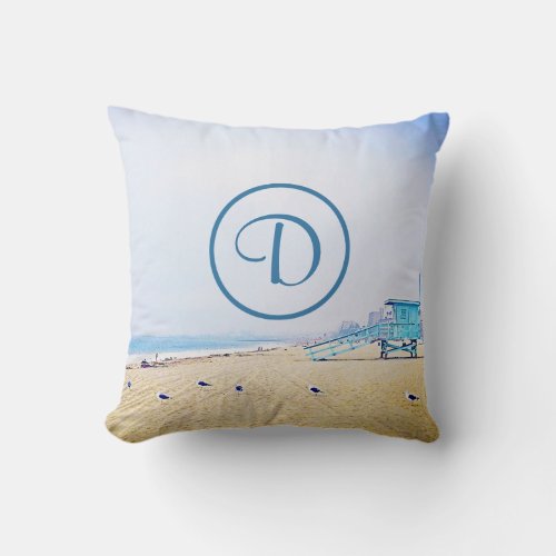 Monogram beach ocean seagulls lifeguard booth bold throw pillow