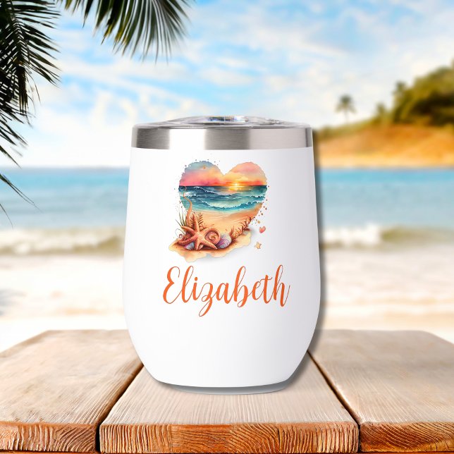 Monogram Beach Scene Bridesmaid Gift Bachelorette Thermal Wine Tumbler (Beach Scene Monogrammed Name Thermal Wine Tumbler)