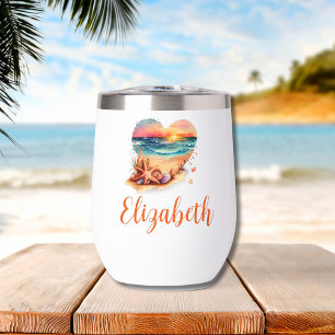 Monogram Beach Scene Bridesmaid Gift Bachelorette Thermal Wine Tumbler