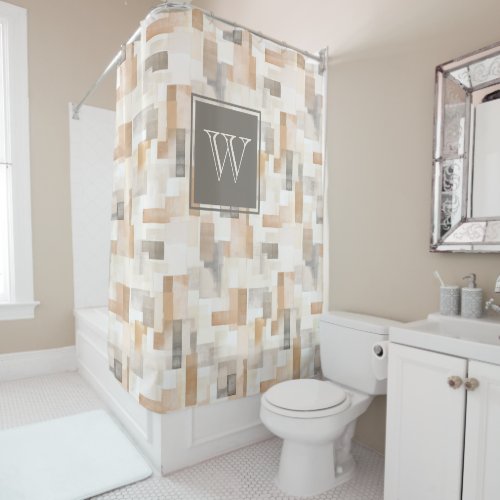 Monogram Beach Tan Neutral Geomeric Square Shower Curtain