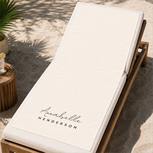 Monogram Beach Towels | Custom Resort Towel Gift (Personalized cream monogram beach towel with script name for resorts and poolside lounging.)