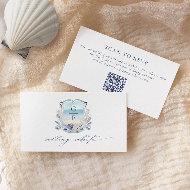Monogram Beach Wedding Crest Website QR Code Enclosure Card (Creator Uploaded)
