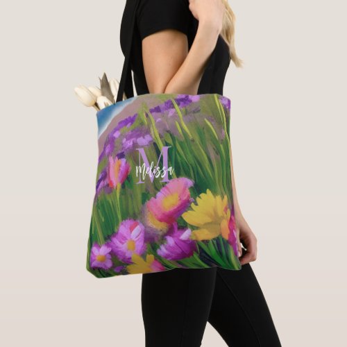 Monogram Beach Wild Flowers Watercolor Floral Art Tote Bag