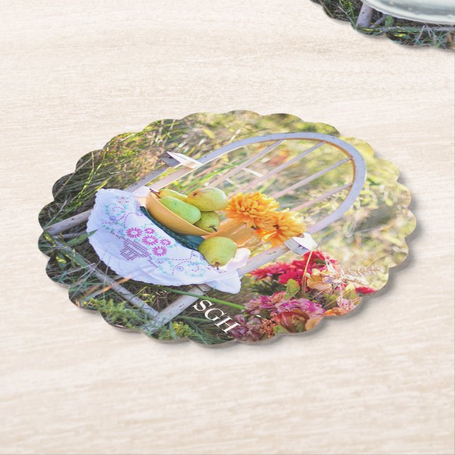 Monogram, Beautiful Autumn Print, Scallop Paper Coaster (Angled)