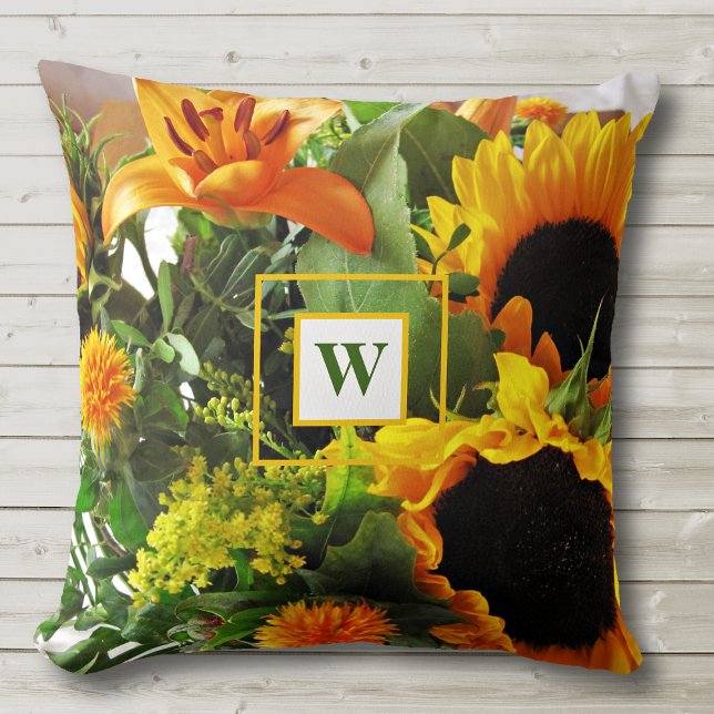 Monogram Beautiful Autumn Sunflower Print 16x16, Throw Pillow (Creator Uploaded)