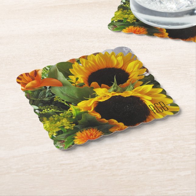 Monogram, Beautiful Autumn Sunflowers Paper Coaster (Angled)