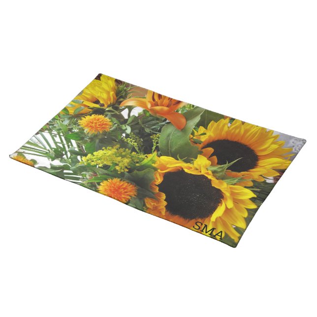 Monogram, Beautiful Autumn Sunflowers Print 20x14 Cloth Placemat (On Table)